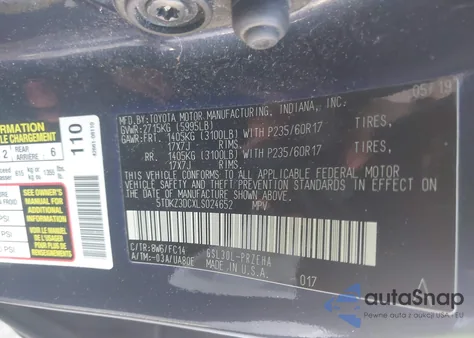 2020 Toyota Sienna Le z USA, uszkodzony, nr VIN 5TDKZ3DCXLS024652